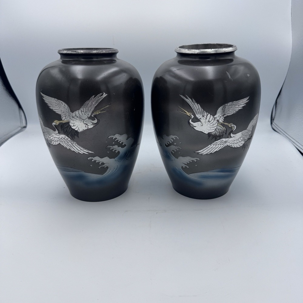 Vintage Japanese Black Cloisonne Cranes Vases Pair 8.5'' Tall Metal Japan